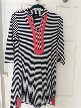 Duffield Lane Black and White Striped Tunic with Pink Trim